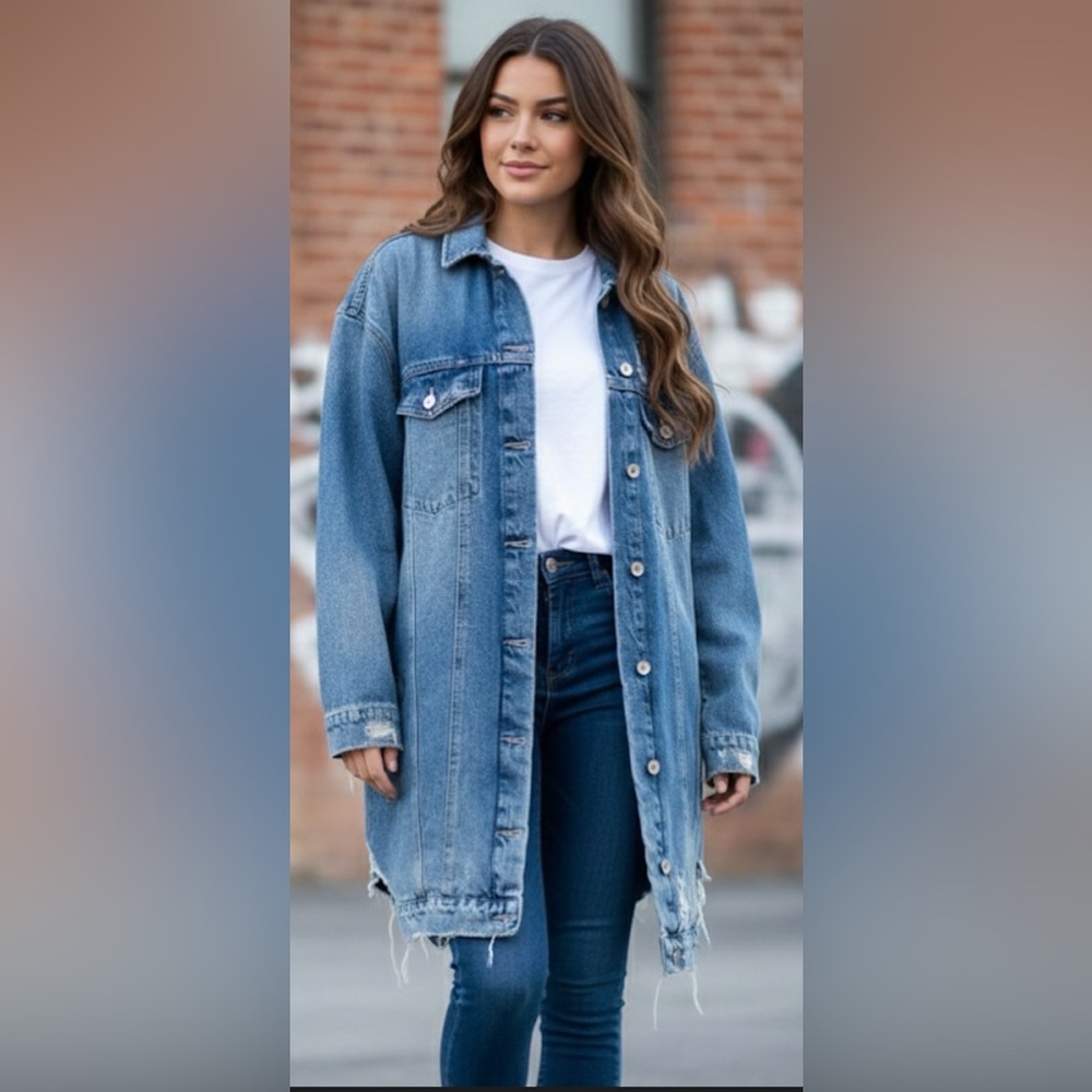 New! COSTES Blue European Made Long Distressed Denim Jacket for Women Size Large